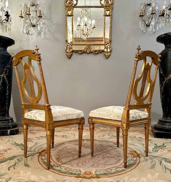 Paire De Chaises Lyre En Bois Doré De Style Louis XVI Epoque XIXème