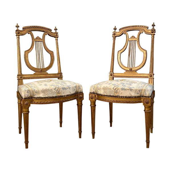 Paire De Chaises Lyre En Bois Doré De Style Louis XVI Epoque XIXème