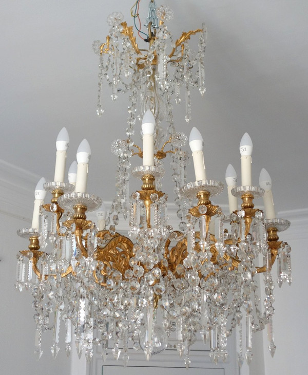 Baccarat - Large Chandelier In Gilt Bronze And Cut Crystal - 12 Lights - Napoleon III Period