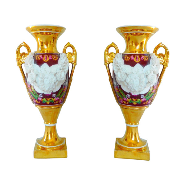 Pair Of Medici Empire Vases In Polychrome, Gilded And Biscuit Porcelain