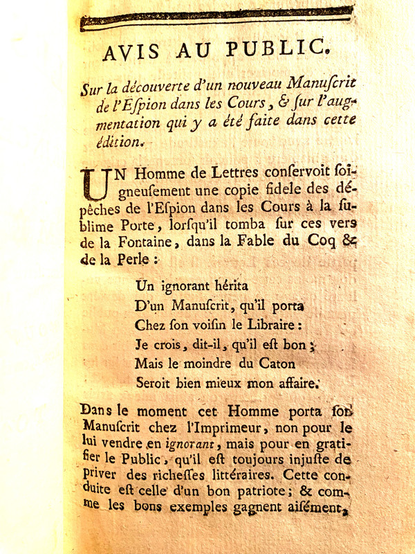 7beaux volumes in 12 . A Amsterdam 1756  :" l'Espion dans les Cours des Princes Chrétiens" , où Mémoires pour servir à l'Histoire de ce Siècle