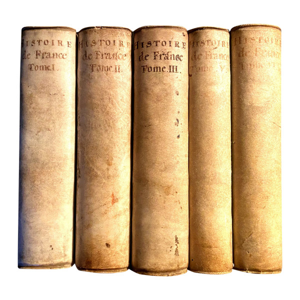Chronological summary of the History of France by François de Mézeray, in 5 beautiful volumes in vellum from the time in Amsterdam Henri Schelte 1701