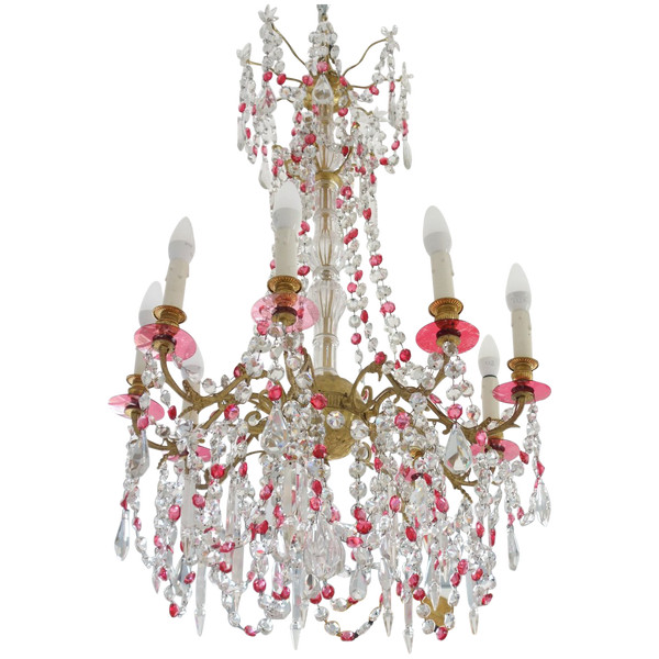 Baccarat - Raro Lampadario in Cristallo Rosso e Bianco - Stile Luigi XVI del XIX secolo