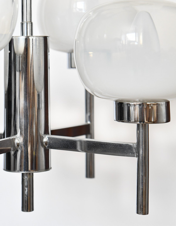 Attributed to Gaetano Sciolari for Mazzega - "Space Age" chandelier in chromed metal and glass