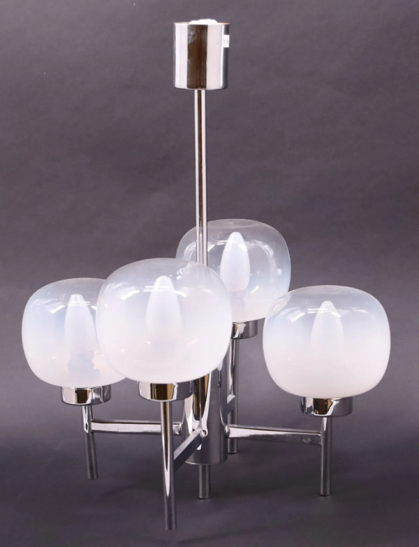 Attributed to Gaetano Sciolari for Mazzega - "Space Age" chandelier in chromed metal and glass