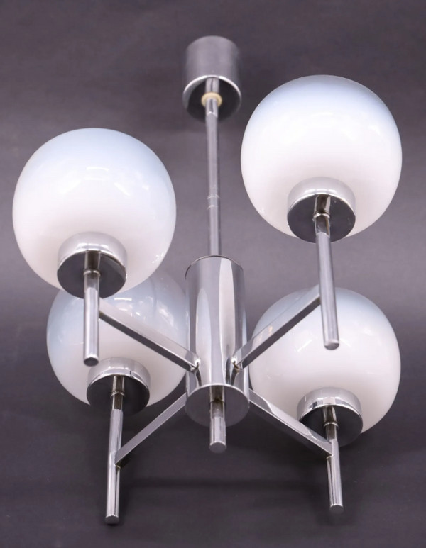 Attributed to Gaetano Sciolari for Mazzega - "Space Age" chandelier in chromed metal and glass