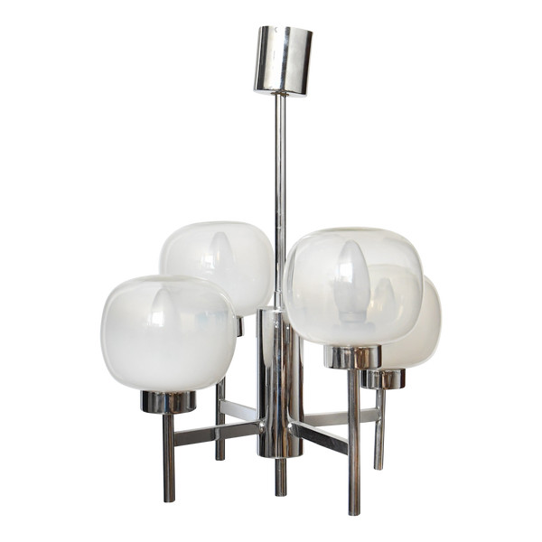 Attributed to Gaetano Sciolari for Mazzega - "Space Age" chandelier in chromed metal and glass