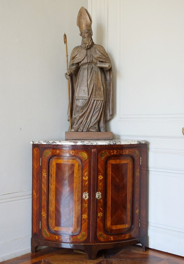 Buffet d'angolo di transizione d'epoca Luigi XV in pregiato intarsio floreale