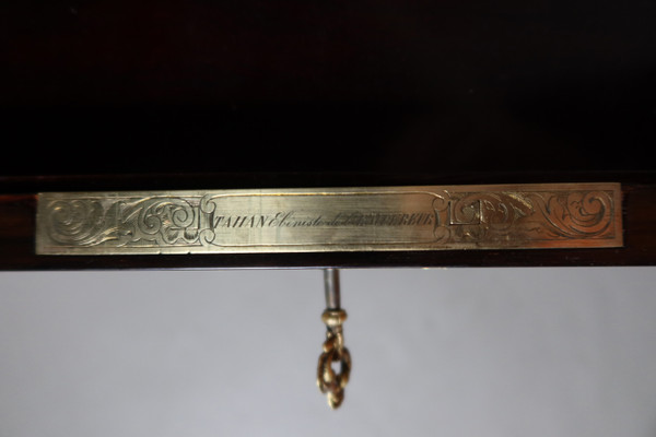 Marquetry table signed TAHAN