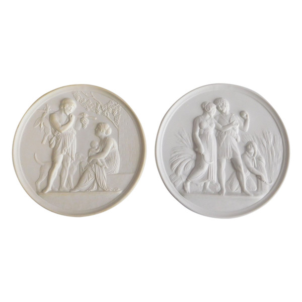 Pair Of Neoclassical Empire Style Porcelain Biscuit Medallions - Ceres And Bacchus