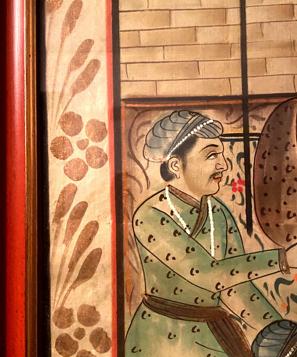 Belle grande gouache Indienne du 19ème siècle bien encadrée représentant des Dignitaires dans un jardin clos de palais