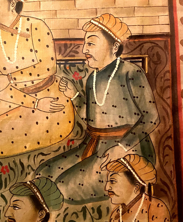 Belle grande gouache Indienne du 19ème siècle bien encadrée représentant des Dignitaires dans un jardin clos de palais