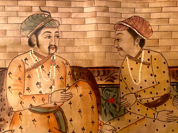 Belle grande gouache Indienne du 19ème siècle bien encadrée représentant des Dignitaires dans un jardin clos de palais