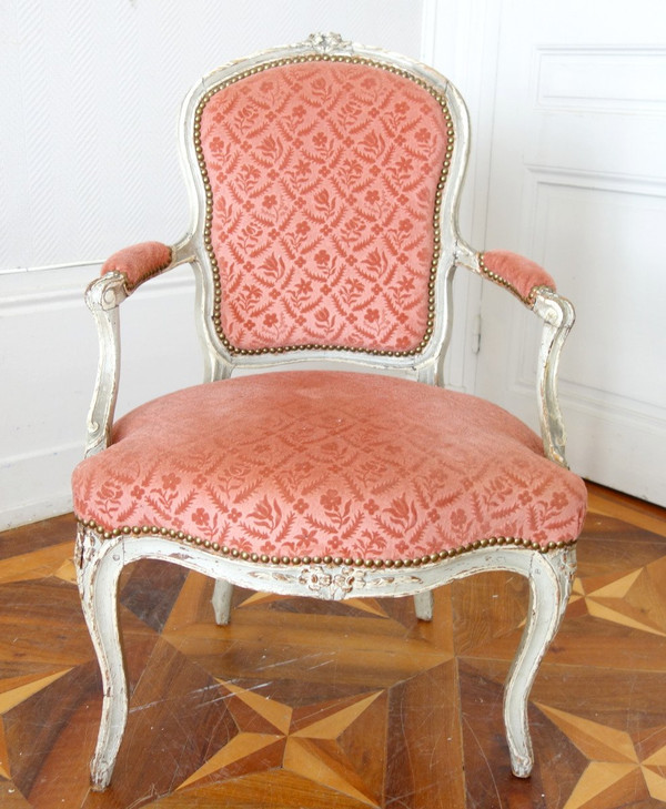 Pair Of Louis XV Period Cabriolet Armchairs In Stamped Velvet - 18th Century