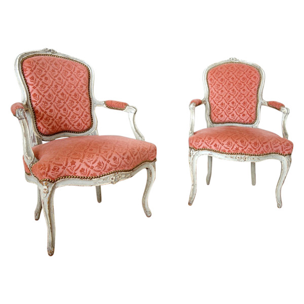 Pair Of Louis XV Period Cabriolet Armchairs In Stamped Velvet - 18th Century