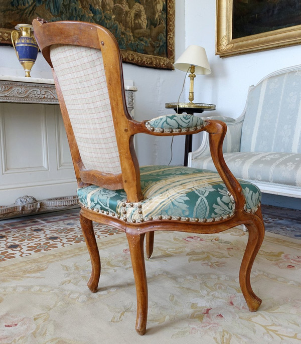Suite De 4 Fauteuils Cabriolets d'époque Louis XV  En Bois Naturel, Soierie Verte - 18e siècle