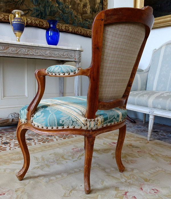 Suite De 4 Fauteuils Cabriolets d'époque Louis XV  En Bois Naturel, Soierie Verte - 18e siècle