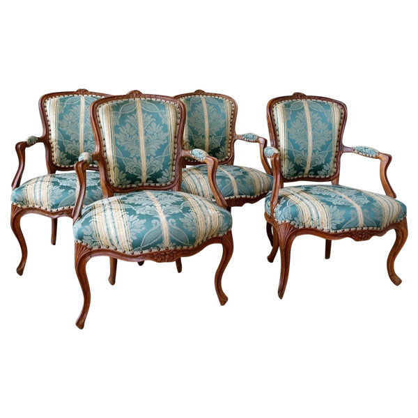 Suite De 4 Fauteuils Cabriolets d'époque Louis XV  En Bois Naturel, Soierie Verte - 18e siècle