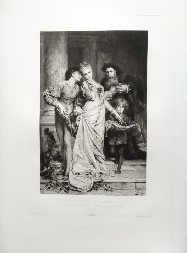 Etching Between Love And Wealth Engraving After Anatole Vély 19th C Old Print