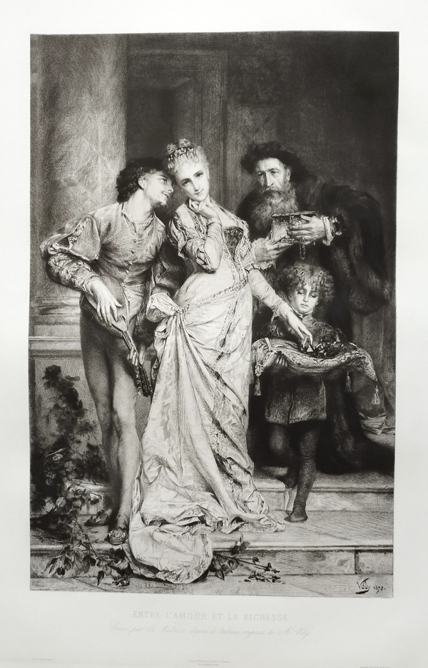 Etching Between Love And Wealth Engraving After Anatole Vély 19th C Old Print
