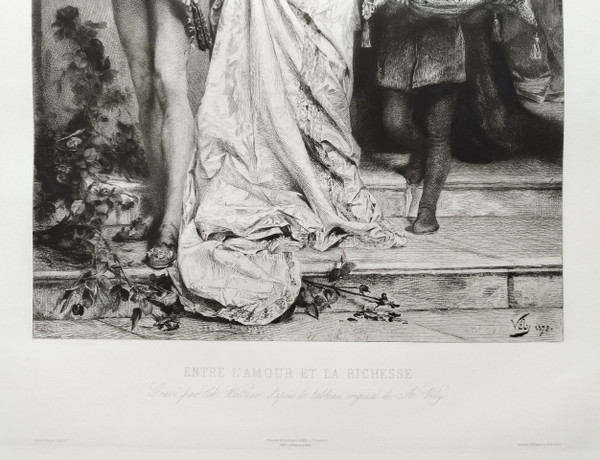 Etching Between Love And Wealth Engraving After Anatole Vély 19th C Old Print
