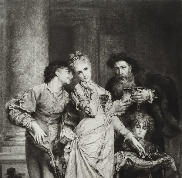 Etching Between Love And Wealth Engraving After Anatole Vély 19th C Old Print