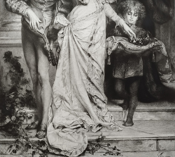 Etching Between Love And Wealth Engraving After Anatole Vély 19th C Old Print