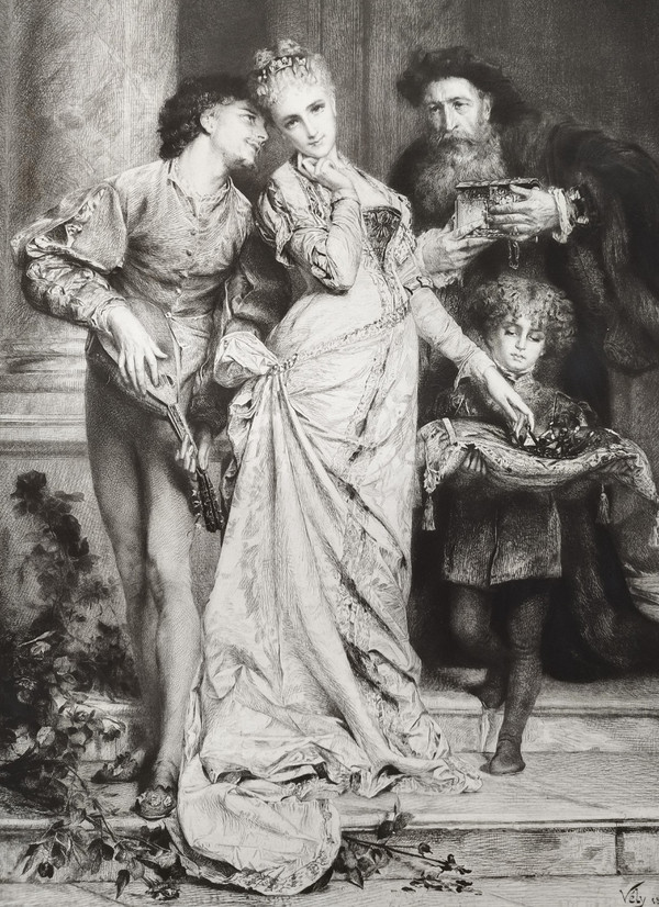 Etching Between Love And Wealth Engraving After Anatole Vély 19th C Old Print