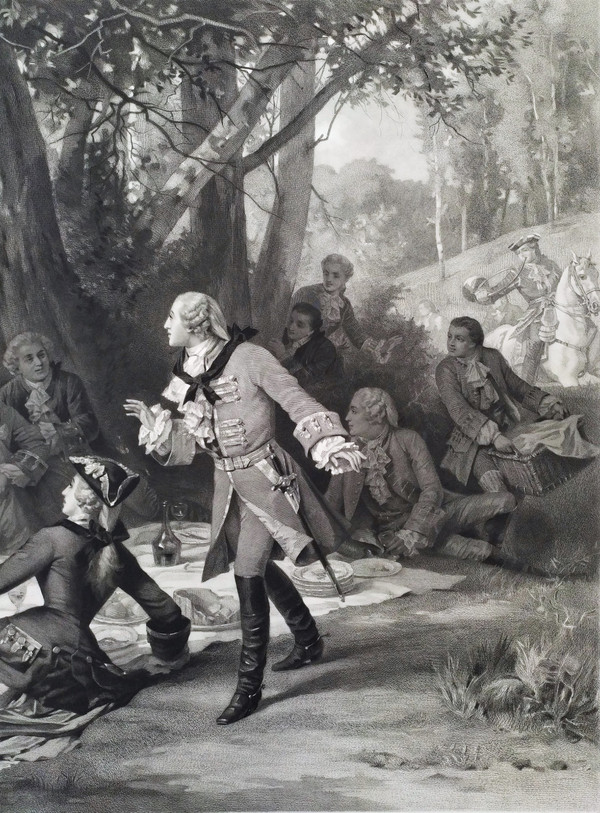 Großer Jagdstich Louis XV. Und Marquise De Pompadour nach Antoine Morlon