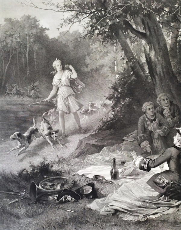 Großer Jagdstich Louis XV. Und Marquise De Pompadour nach Antoine Morlon