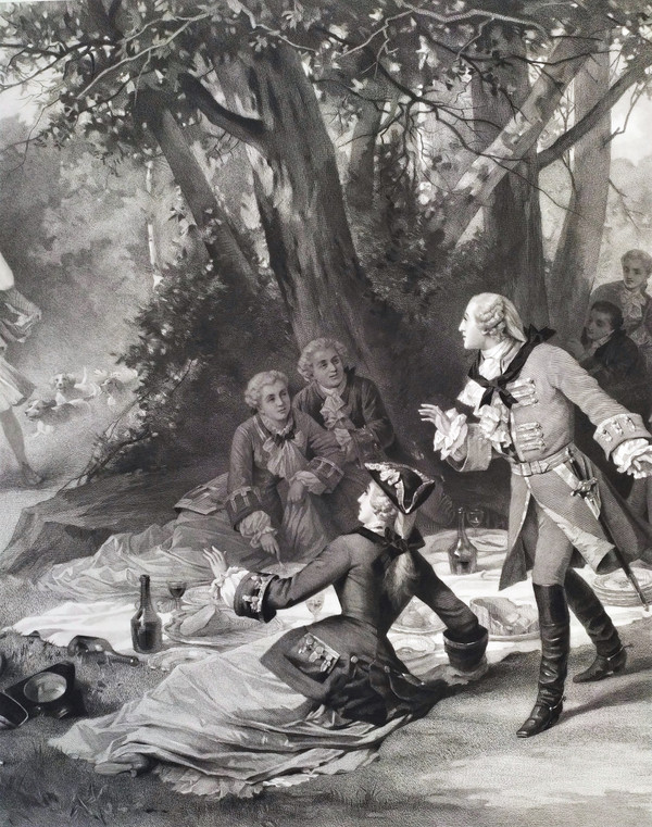 Großer Jagdstich Louis XV. Und Marquise De Pompadour nach Antoine Morlon