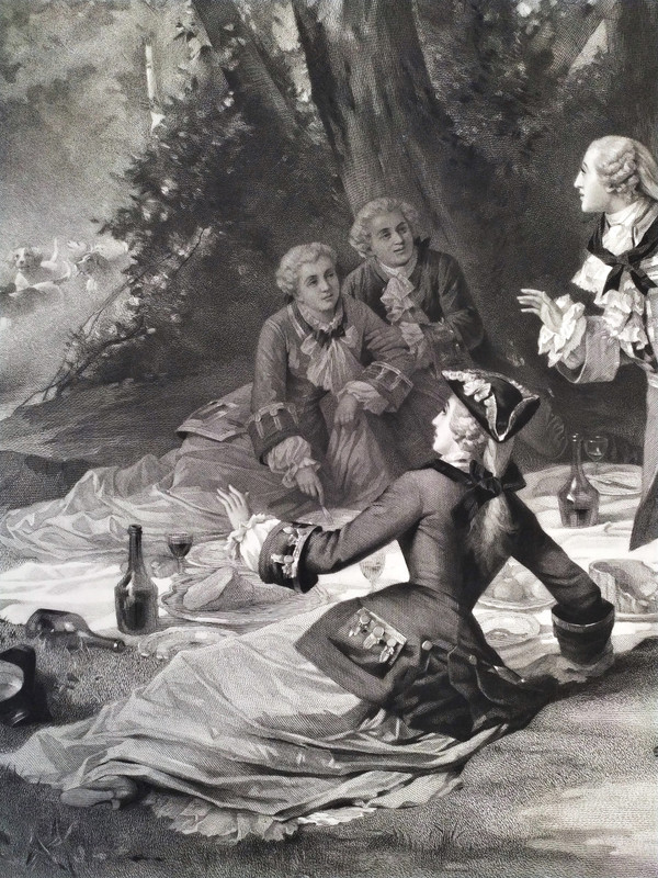 Großer Jagdstich Louis XV. Und Marquise De Pompadour nach Antoine Morlon