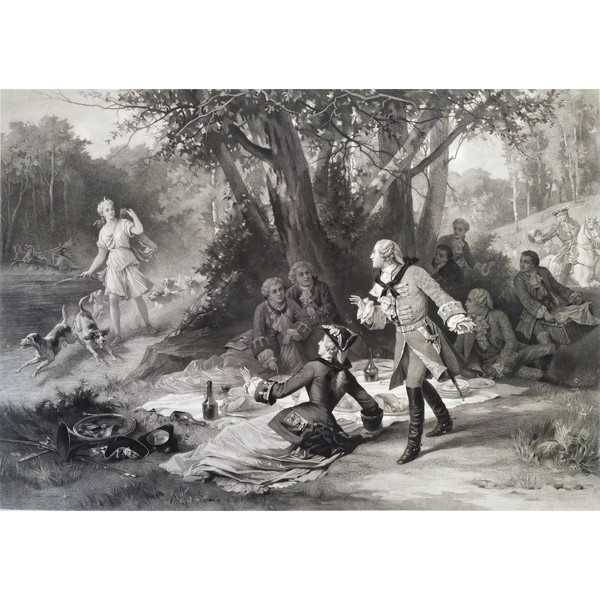 Großer Jagdstich Louis XV. Und Marquise De Pompadour nach Antoine Morlon