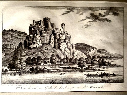 Paire de gravures sur acier encadrées baguette dorée de la France romantique 1ère et 2ème vue de Château Gaillard des Andelys en haute Normandie