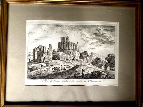 Paire de gravures sur acier encadrées baguette dorée de la France romantique 1ère et 2ème vue de Château Gaillard des Andelys en haute Normandie