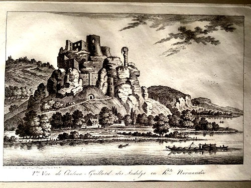 Paire de gravures sur acier encadrées baguette dorée de la France romantique 1ère et 2ème vue de Château Gaillard des Andelys en haute Normandie