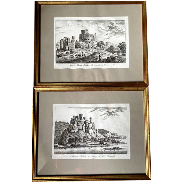 Paire de gravures sur acier encadrées baguette dorée de la France romantique 1ère et 2ème vue de Château Gaillard des Andelys en haute Normandie