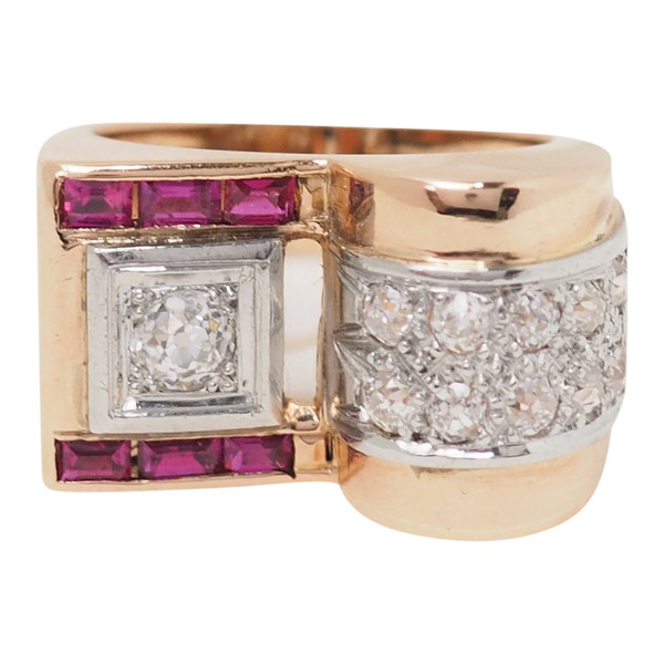 Bague Tank en or jaune, rubis et diamants