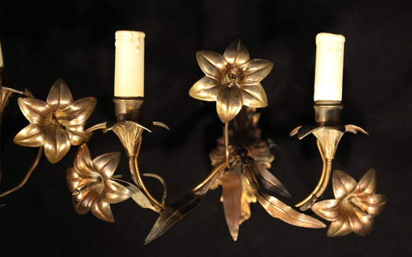 Pair of gold-plated electrified wall lights