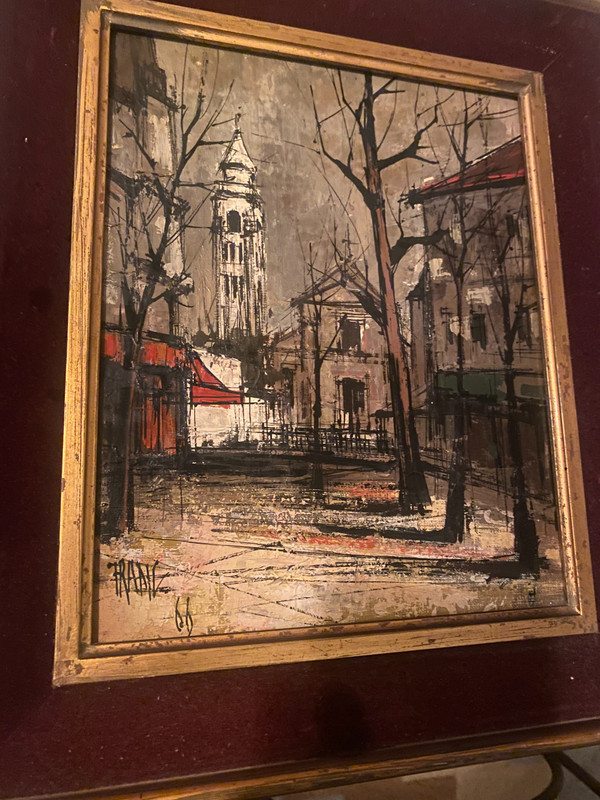  Très belle et étrange vue de Montmartre en 1966 huile sur toile encadrée signée Franc , suiveur de Buffet