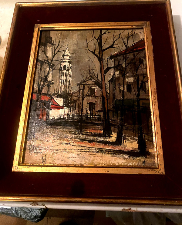  Très belle et étrange vue de Montmartre en 1966 huile sur toile encadrée signée Franc , suiveur de Buffet