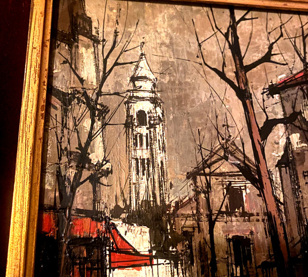  Très belle et étrange vue de Montmartre en 1966 huile sur toile encadrée signée Franc , suiveur de Buffet