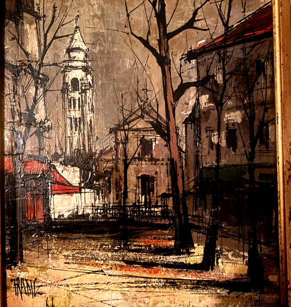  Très belle et étrange vue de Montmartre en 1966 huile sur toile encadrée signée Franc , suiveur de Buffet