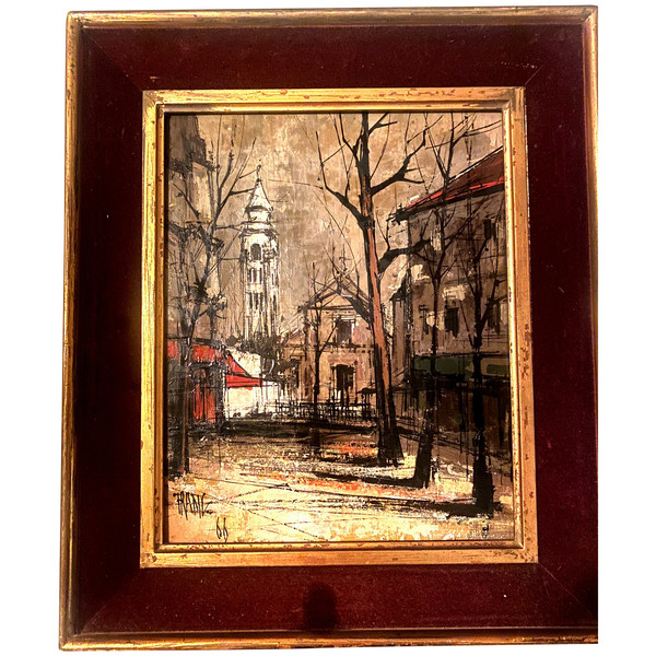  Très belle et étrange vue de Montmartre en 1966 huile sur toile encadrée signée Franc , suiveur de Buffet