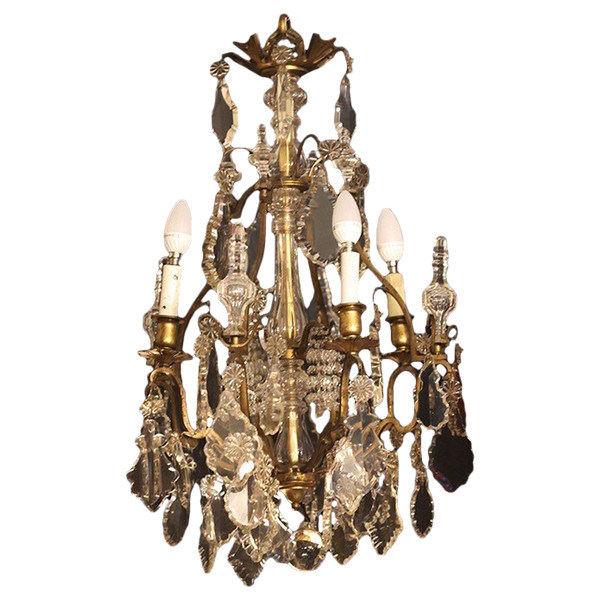 19th century chandelier, crystal and bronze pendants