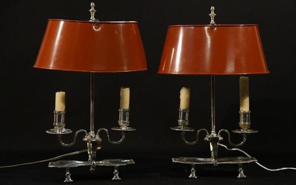 Coppia di lampade Bouillotte, bronzo argentato, XIX secolo, elettrificate
