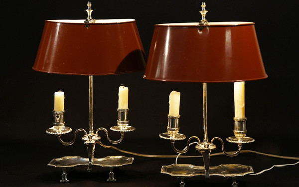 Coppia di lampade Bouillotte, bronzo argentato, XIX secolo, elettrificate