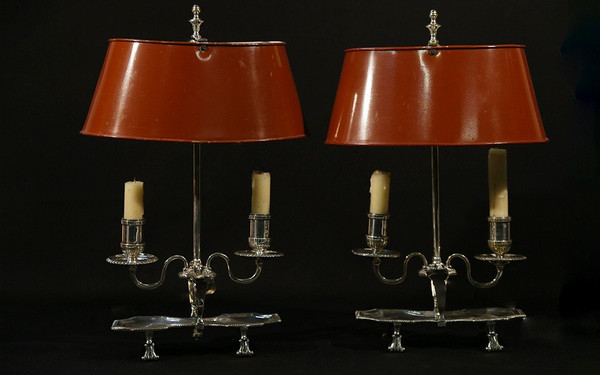Coppia di lampade Bouillotte, bronzo argentato, XIX secolo, elettrificate