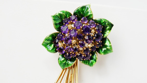 Broche En Or Jaune, Améthystes Et Email