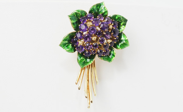 Broche En Or Jaune, Améthystes Et Email